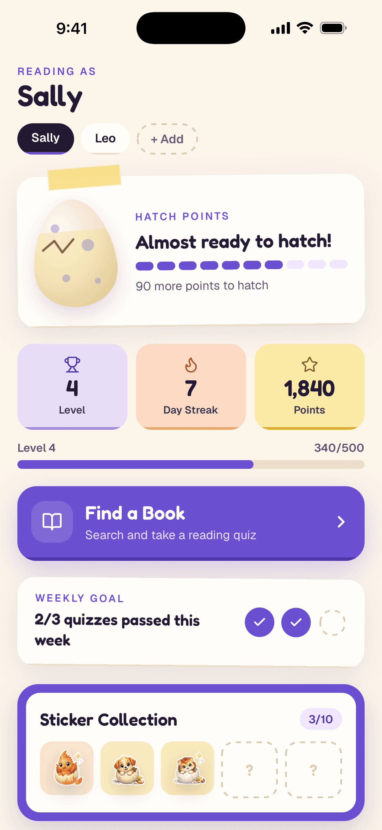 The ReadHatch home screen showing level, day streak, points and a weekly goal