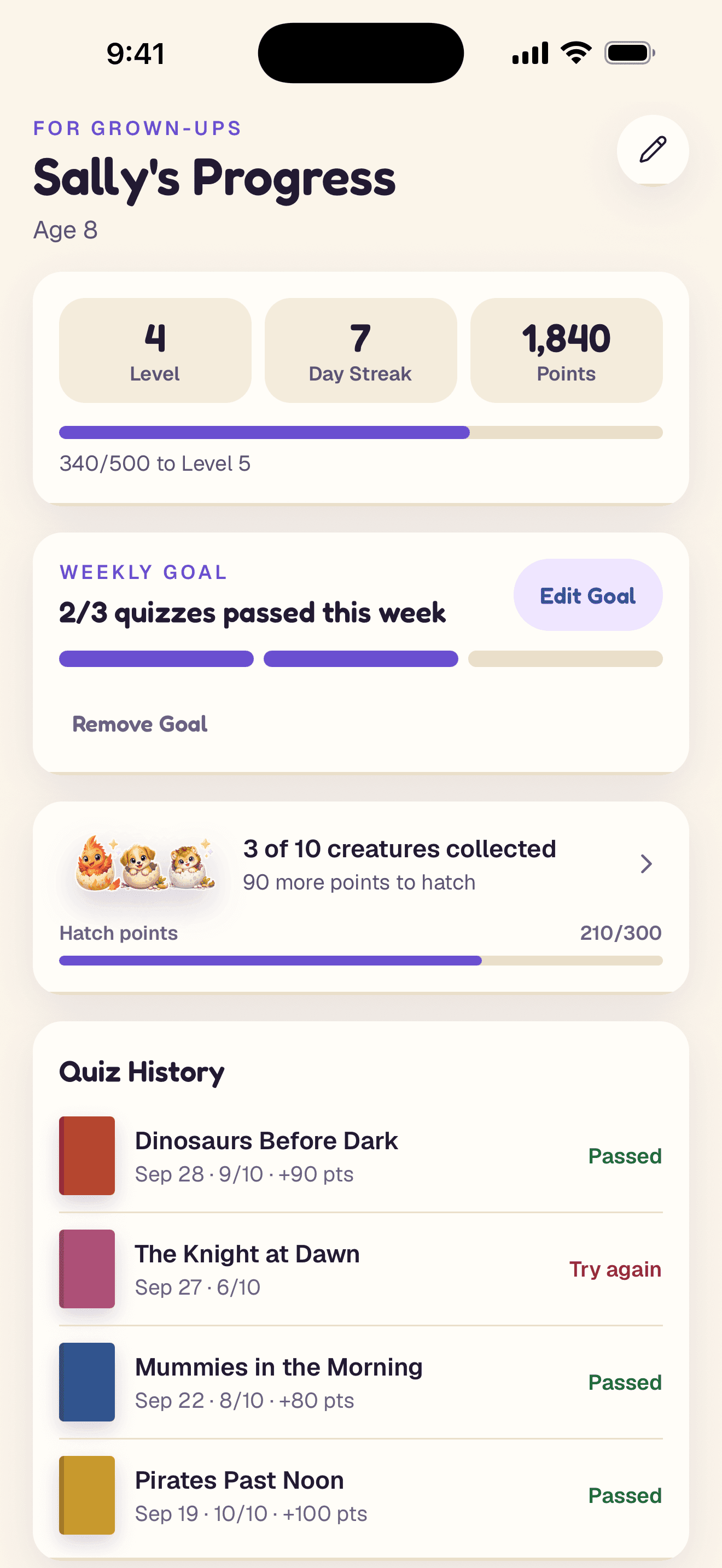 A reader's progress screen with their weekly goal and quiz history